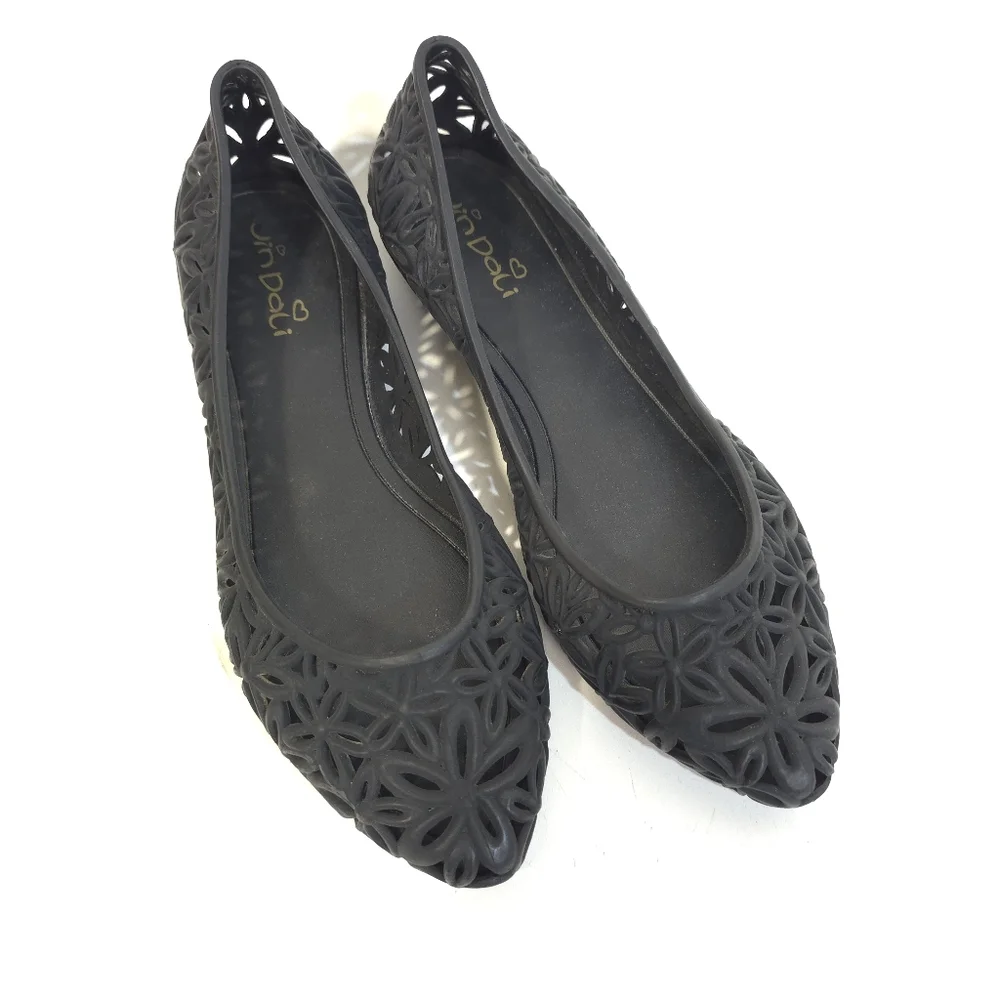 Black Floral Cutout Jelly Ballet Flats